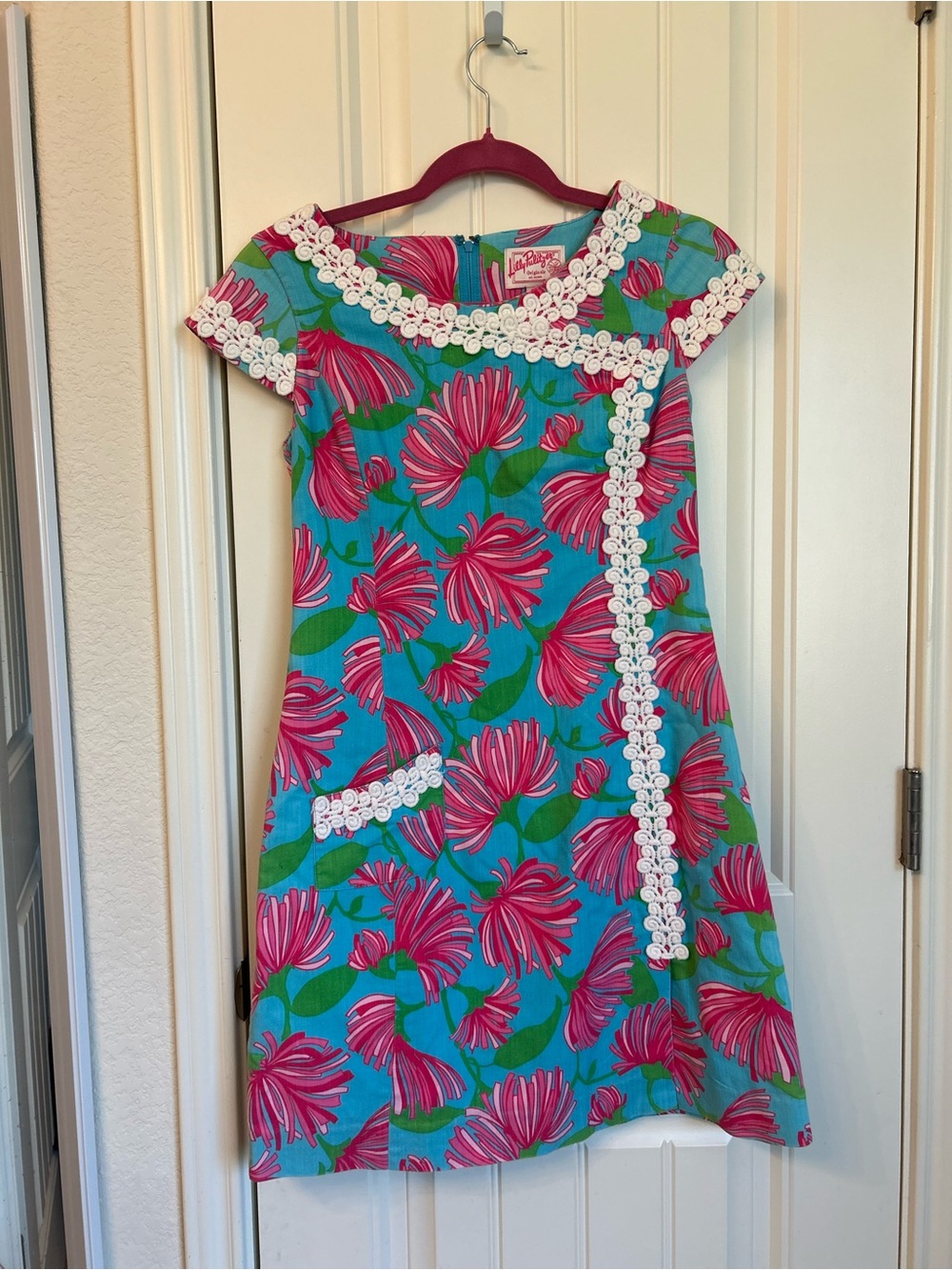 Lilly Pulitzer Original Vintage Turquoise Pink Floral Shift Dress White Trim
